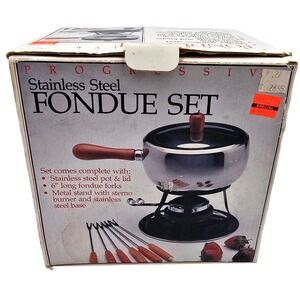 Progressive Stainless Steel Fondue Set FS96 Wood Handles‎ Burner Stand Forks